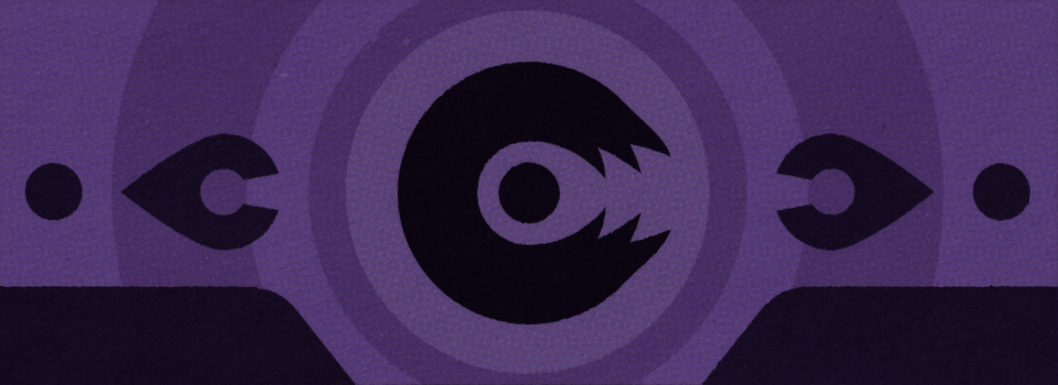 A purple digital illustration depicting a logo, resembling a broken ring with a circle in its center. In the background are other eye-like shapes. alt_text
